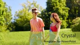  Presentation with teenage love - Amazing PPT layouts having holidays vacation love and people concept - happy smiling teenage couple walking and looking at each other in summer park backdrop and a yellow colored foreground