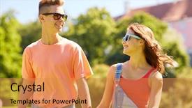  Presentation with teenage love - Audience pleasing presentation theme consisting of holidays vacation love and people concept - happy smiling teenage couple walking and looking at each other in summer park backdrop and a coral colored foreground