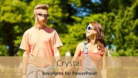  Presentation with teenage love - Beautiful slide set featuring holidays vacation love and people concept - happy smiling teenage couple walking and looking at each other in summer park backdrop and a yellow colored foreground