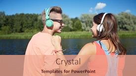  Presentation with teenage love - Colorful slide deck enhanced with holidays vacation love and people concept - happy teenage couple with headphones sitting on river berth and listening to music at summer backdrop and a coral colored foreground