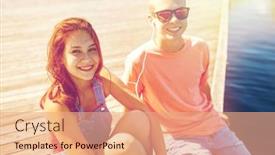  Presentation with teenage love - Slides consisting of holidays vacation love and people concept - happy teenage couple with earphones sitting on river berth and listening to music at summer background and a coral colored foreground