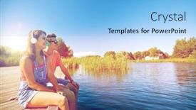  Presentation with teenage love - Cool new slide deck with holidays vacation love and people concept - happy teenage couple with earphones sitting on river berth and listening to music at summer backdrop and a light blue colored foreground