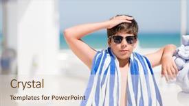  Presentation with angry child - PPT theme featuring young child on holidays wearing a navy towel by the beach stressed with hand on head shocked with shame and surprise face angry and frustrated fear and upset for mistake background and a sky blue colored foreground