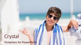  Presentation with navy - Cool new PPT layouts with young child on holidays wearing a navy towel by the beach very happy pointing with hand and finger to the side backdrop and a lemonade colored foreground
