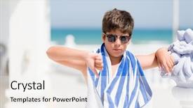  Presentation with angry child - Amazing PPT theme having young child on holidays wearing a navy towel by the beach with angry face negative sign showing dislike with thumbs down rejection concept backdrop and a white colored foreground