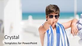  Presentation with navy - Slide set consisting of young child on holidays wearing a navy towel by the beach pointing with finger to the camera and to you hand sign positive and confident gesture from the front background and a sky blue colored foreground