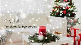  Presentation with celebration life - Presentation featuring holidays winter celebration and still life concept - sofa table and christmas tree with gifts at home background and a light gray colored foreground