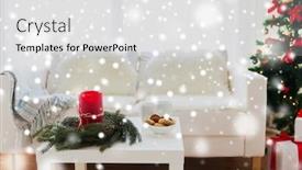 Presentation with celebration life - Cool new PPT theme with holidays winter celebration and still life concept - sofa table and christmas tree with gifts at home backdrop and a white colored foreground
