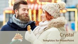  Presentation with old couple walking - Slide deck enhanced with holidays winter christmas and people concept - happy couple in warm clothes walking in old town background and a soft green colored foreground