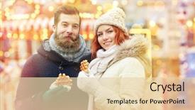  Presentation with old couple walking - Colorful slide set enhanced with holidays winter christmas and people concept - happy couple in warm clothes walking in old town backdrop and a lemonade colored foreground