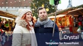  Presentation with old clothes - Audience pleasing slide set consisting of holidays winter christmas technology and people concept - happy couple of tourists in warm clothes taking picture with smartphone selfie stick in old town backdrop and a navy blue colored foreground