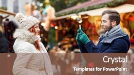  Presentation with old clothes - Slide deck having holidays winter christmas technology and people concept - happy couple of tourists in warm clothes taking selfie with smartphone in old town background and a violet colored foreground