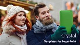  Presentation with old couple walking - PPT layouts having holidays winter christmas technology and people concept - happy couple of tourists in warm clothes taking selfie with tablet pc computer walking in old town background and a navy blue colored foreground