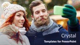  Presentation with old clothes - Slides having holidays winter christmas technology and people concept - happy couple of tourists in warm clothes taking selfie with smartphone in old town background and a navy blue colored foreground