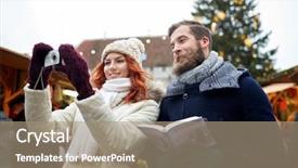  Presentation with old clothes - Slide deck enhanced with holidays winter christmas technology and people concept - happy couple of tourists in warm clothes taking picture with smartphone in old town background and a coral colored foreground