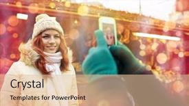  Presentation with old clothes - Theme enhanced with holidays winter christmas technology and people concept - happy couple of tourists in warm clothes taking selfie with smartphone in old town background and a lemonade colored foreground