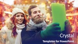  Presentation with old couple walking - Audience pleasing slide deck consisting of holidays winter christmas technology and people concept - happy couple of tourists in warm clothes taking selfie with tablet pc computer walking in old town backdrop and a navy blue colored foreground