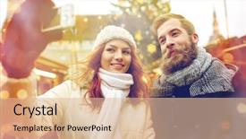  Presentation with old clothes - Audience pleasing presentation theme consisting of holidays winter christmas technology and people concept - happy couple of tourists in warm clothes taking selfie with smartphone in old town backdrop and a lemonade colored foreground