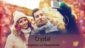  Presentation with old clothes - Theme enhanced with holidays winter christmas technology and people concept - happy couple of tourists in warm clothes taking selfie with smartphone in old town background and a violet colored foreground