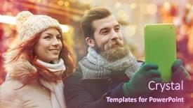  Presentation with old couple walking - Slides having holidays winter christmas technology and people concept - happy couple of tourists in warm clothes taking selfie with tablet pc computer walking in old town background and a tawny brown colored foreground
