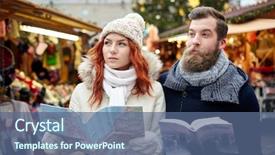  Presentation with old clothes - PPT theme featuring holidays winter christmas tourism and people concept - happy couple in warm clothes with map and city guide in old town background and a ocean colored foreground