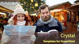  Presentation with old clothes - Beautiful slides featuring holidays winter christmas tourism and people concept - happy couple in warm clothes with map and city guide in old town backdrop and a tawny brown colored foreground