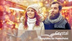  Presentation with old map - Audience pleasing PPT layouts consisting of holidays winter christmas tourism and people concept - happy couple in warm clothes with map and city guide in old town backdrop and a coral colored foreground