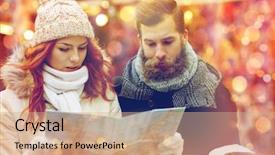  Presentation with old clothes - Presentation theme enhanced with holidays winter christmas tourism and people concept - happy couple in warm clothes with map and city guide in old town background and a coral colored foreground
