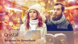  Presentation with old clothes - Slide deck featuring holidays winter christmas tourism and people concept - happy couple in warm clothes with map and city guide in old town background and a coral colored foreground