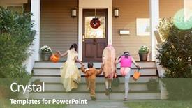  Presentation with halloween - Audience pleasing theme consisting of holloween house - children wearing halloween costumes backdrop and a violet colored foreground