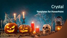  Presentation with spooky - Slides with holloween house - halloween pumpkins on wooden planks background and a navy blue colored foreground