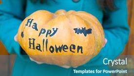  Presentation with happy young student girl holding - Slides having holloween house - young girl holding halloween pumpkin background and a ocean colored foreground