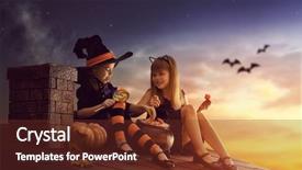 Presentation with kids candy - Audience pleasing PPT theme consisting of holloween witch - two happy sisters on halloween backdrop and a tawny brown colored foreground
