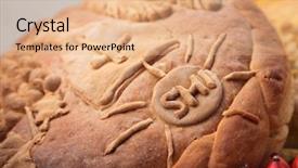  Presentation with exotic unique homemade soap - Theme with holly cross - closeup of delicious homemade bred background and a  colored foreground