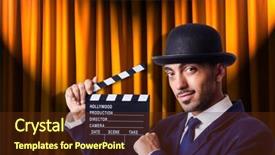  Presentation with movie curtain - Cool new presentation design with hollywood backdrop - man with movie clapper backdrop and a  colored foreground