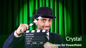  Presentation with movie curtain - Beautiful presentation design featuring hollywood backdrop - man with movie clapper backdrop and a  colored foreground