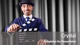  Presentation with movie curtain - PPT layouts having hollywood backdrop - man with movie clapper background and a  colored foreground