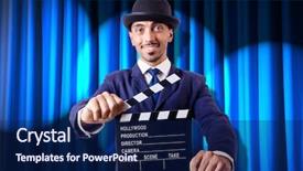  Presentation with movie curtain - Amazing presentation theme having hollywood backdrop - man with movie clapper backdrop and a  colored foreground