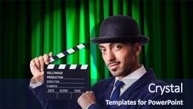  Presentation with movie curtain - Audience pleasing presentation theme consisting of hollywood backdrop - man with movie clapper backdrop and a  colored foreground