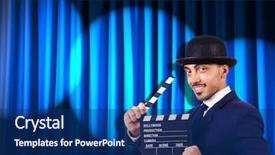  Presentation with movie curtain - Beautiful PPT layouts featuring hollywood backdrop - man with movie clapper backdrop and a  colored foreground