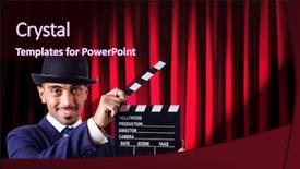  Presentation with movie curtain - Audience pleasing PPT theme consisting of hollywood backdrop - man with movie clapper backdrop and a  colored foreground