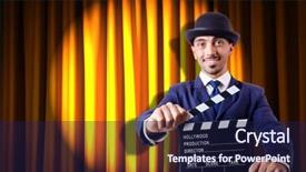  Presentation with movie curtain - Colorful PPT layouts enhanced with hollywood backdrop - man with movie clapper backdrop and a navy blue colored foreground