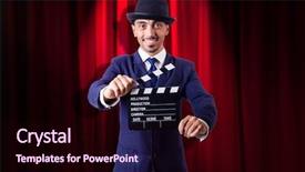  Presentation with movie curtain - Slide deck consisting of hollywood backdrop - man with movie clapper background and a  colored foreground