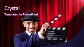 Presentation with movie curtain - Presentation design featuring hollywood backdrop - man with movie clapper background and a  colored foreground