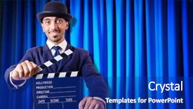  Presentation with movie curtain - Audience pleasing PPT layouts consisting of hollywood backdrop - man with movie clapper backdrop and a  colored foreground