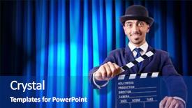  Presentation with movie curtain - Audience pleasing PPT theme consisting of hollywood backdrop - man with movie clapper backdrop and a  colored foreground