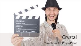  Presentation with performer - Slide set consisting of hollywood star - performer in shiny costume isolated background and a light gray colored foreground