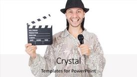  Presentation with star performer - Presentation design featuring hollywood star - performer in shiny costume isolated background and a light gray colored foreground