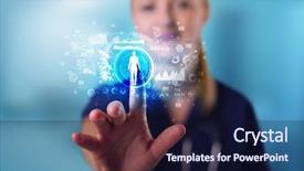  Presentation with medical charts - Presentation design enhanced with touching hologram screen displaying medical background and a navy blue colored foreground