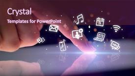  Presentation with hologram - Cool new slide set with holograms - finger touching tablet with hologram backdrop and a tawny brown colored foreground